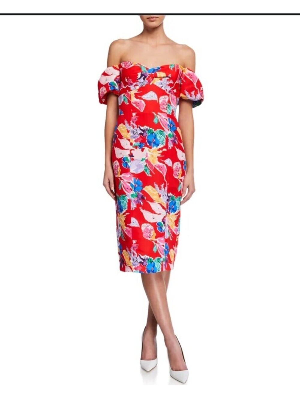 Milly Bouquet Red Flor Faille Off Shoulder Puff Sleeve Midi Dress 2 NWT $398